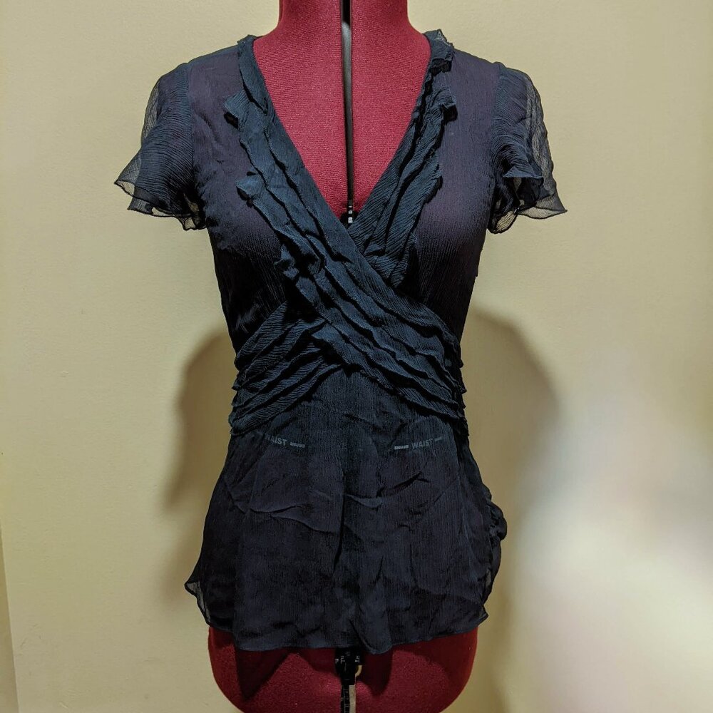 BCBGMaxAzria Semi-Sheer Ruffle Blouse navy blue – Size XS